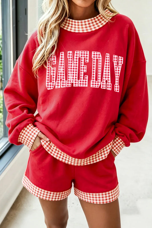 Fiery Red Game Day Gingham Trim Graphic Long Sleeve Top Shorts Set - Blu Pepper Boutique
