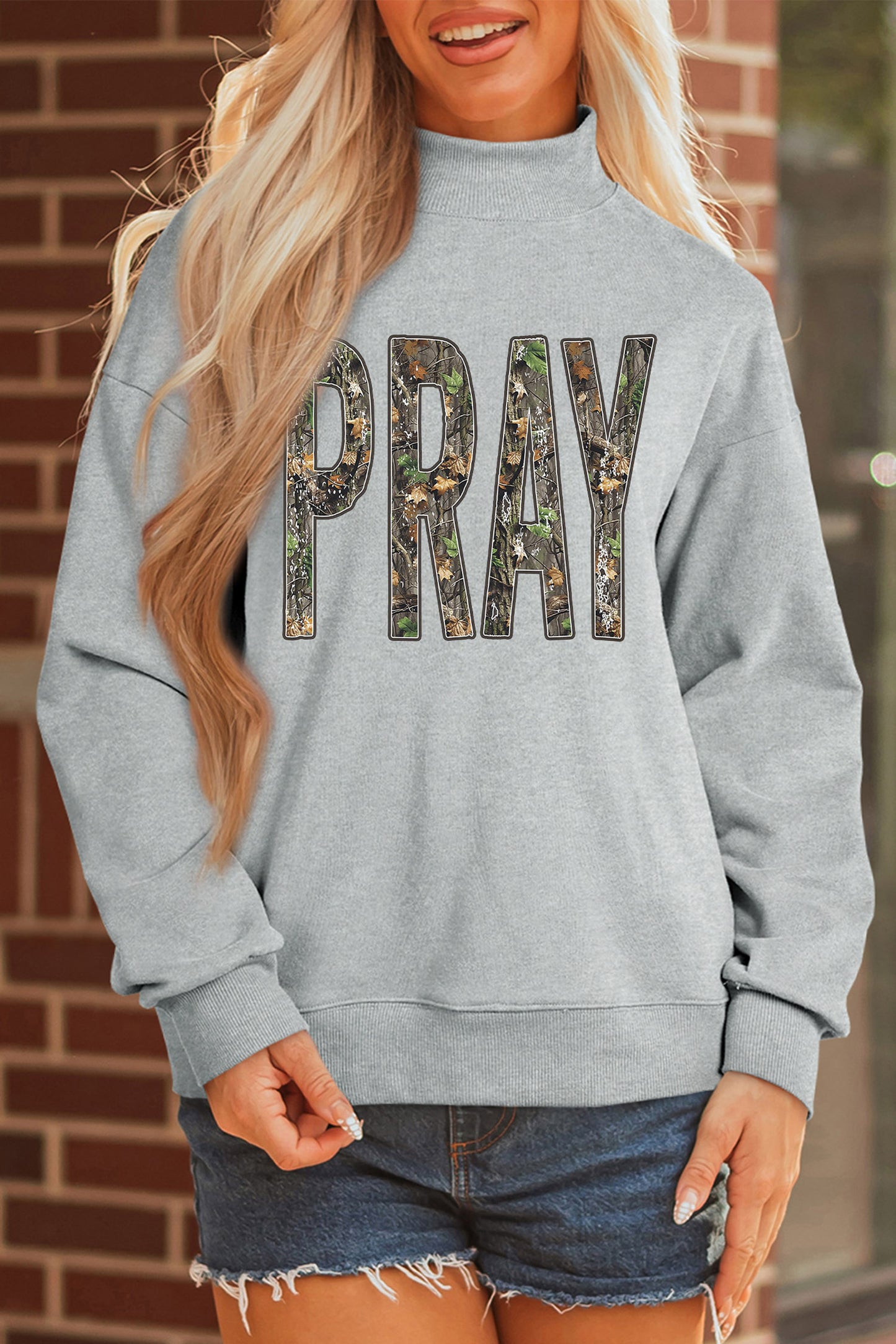 Gray Camouflage Letter Print Mock Neck Baggy Pullover Sweatshirt - Blu Pepper Boutique