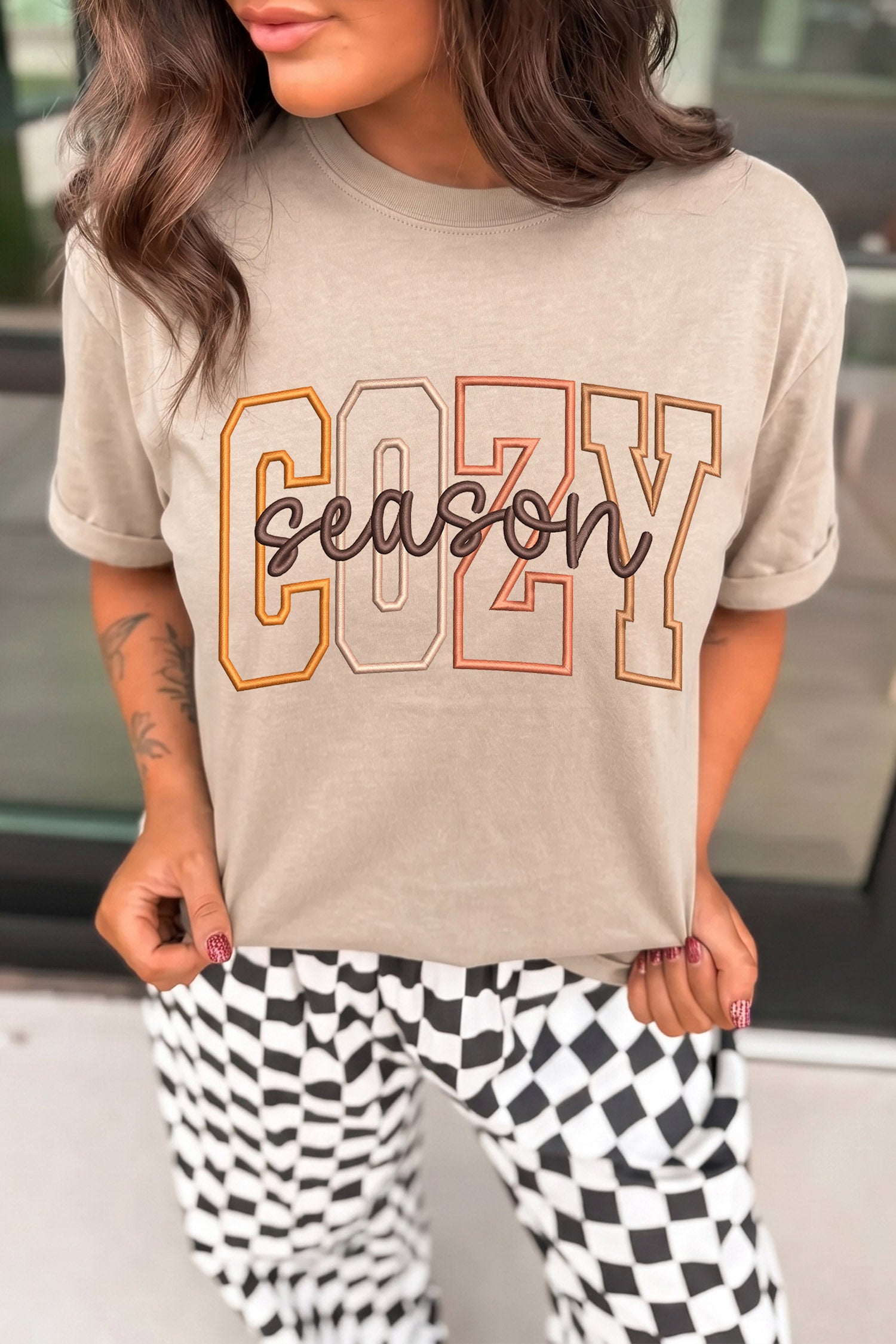 Khaki Embroidered Slogan Short Sleeve Graphic Tee - Blu Pepper Boutique