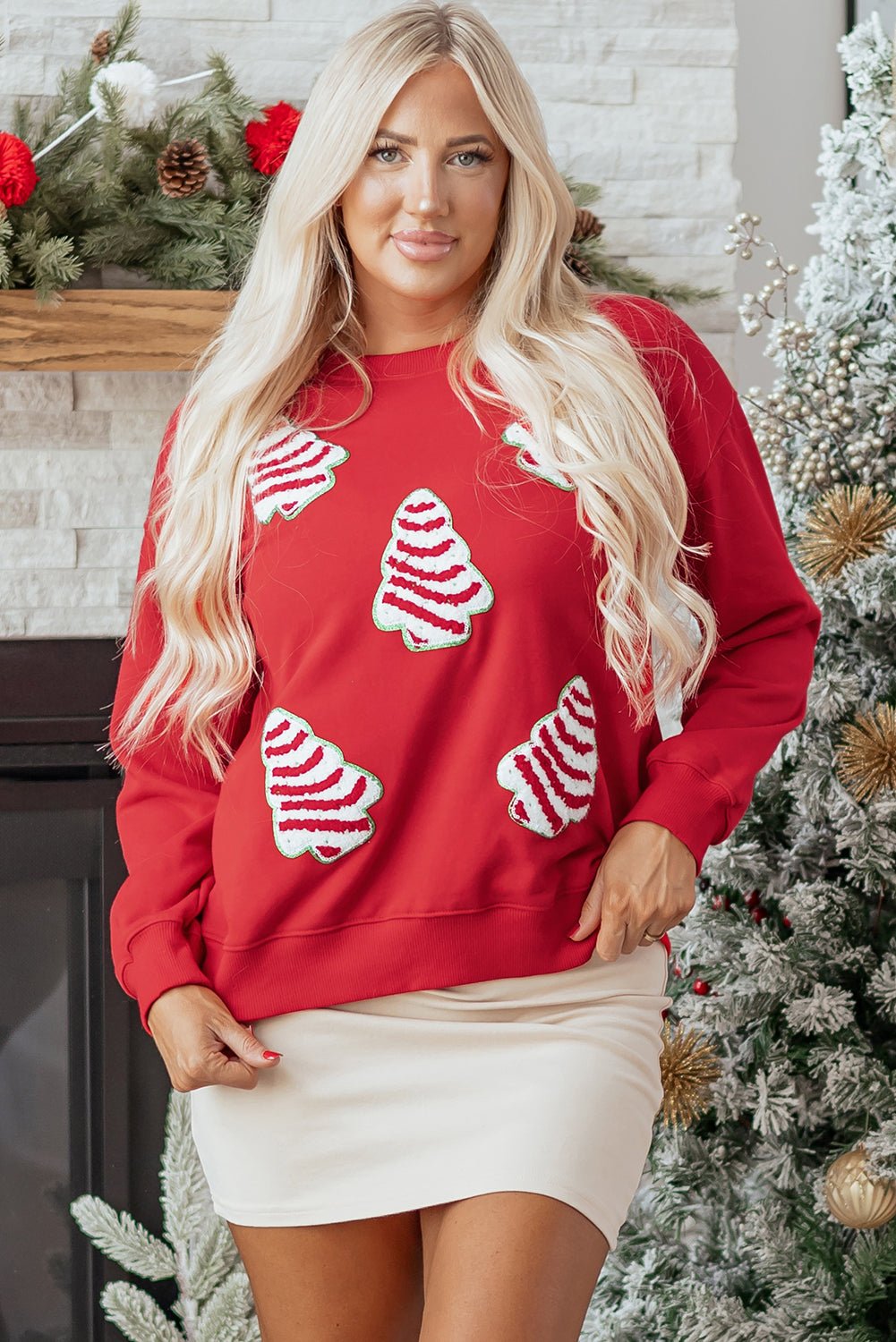 Red Playful Christmas Tree Patched Dropped Shoulder Sweatshirt - Blu Pepper Boutique