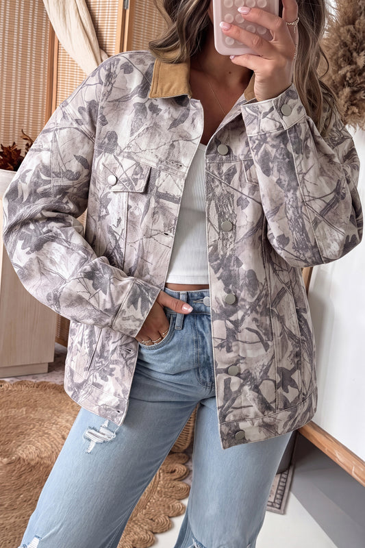 Gray Abstract Camo Print Colorblock Collar Oversized Shift Silhouette Denim Jacket - Blu Pepper Boutique