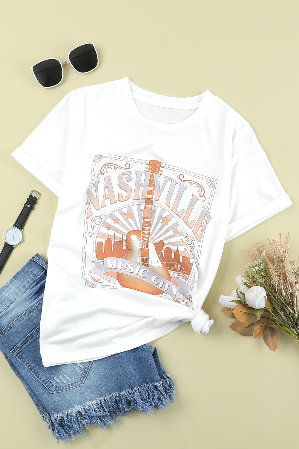 White MUSIC CITY NASHVILLE Graphic T Shirt