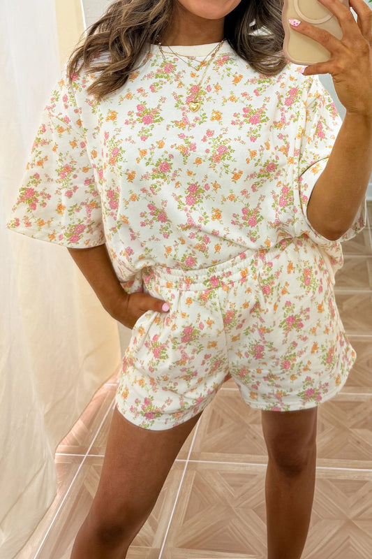 Pink Floral Print Short Sleeve Elastic Waist Pocket Two Piece Set - Blu Pepper Boutique