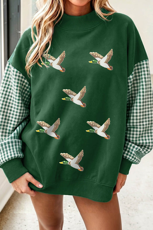 Evergreen Sequin Mallard Graphic Plaid Contrast Sleeve Pullover Sweatshirt - Blu Pepper Boutique