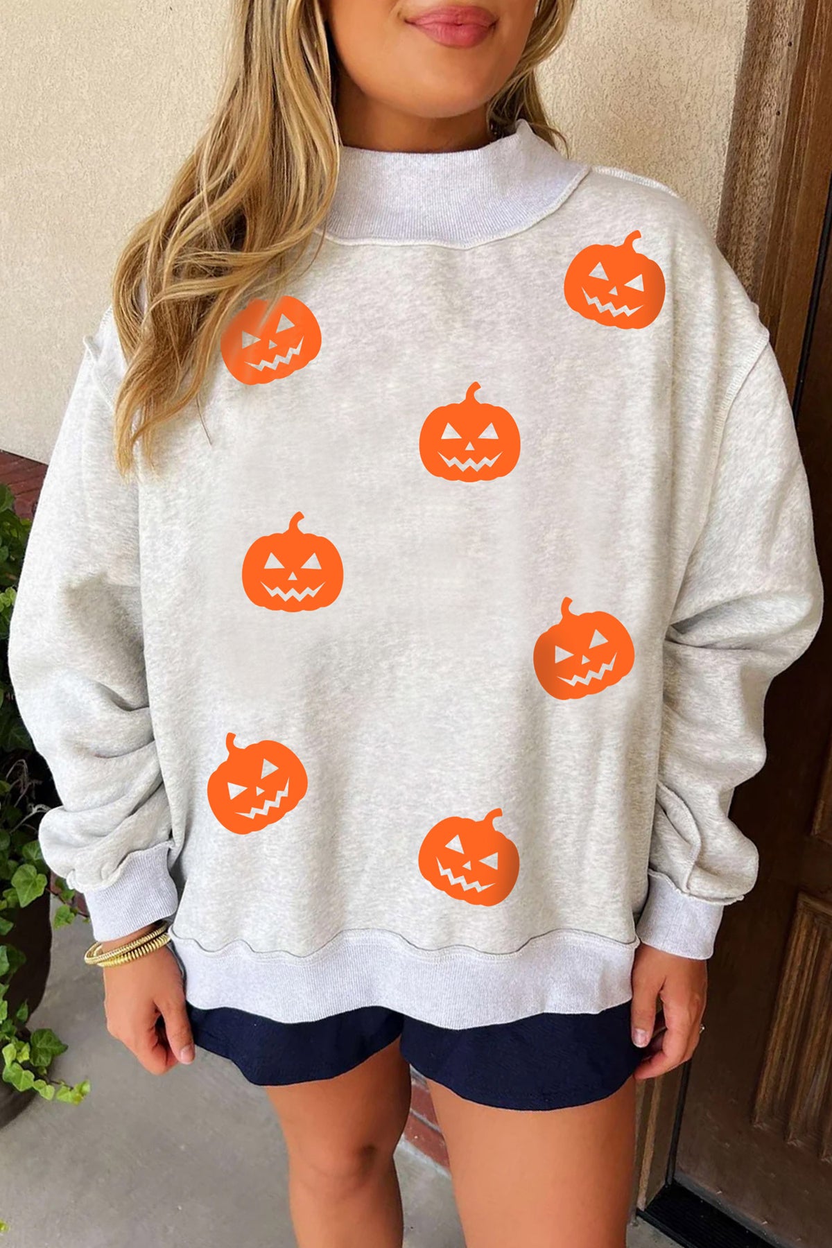 Light Grey Halloween Pumpkin Face Print Pullover Mock Neck Sweatshirt - Blu Pepper Boutique