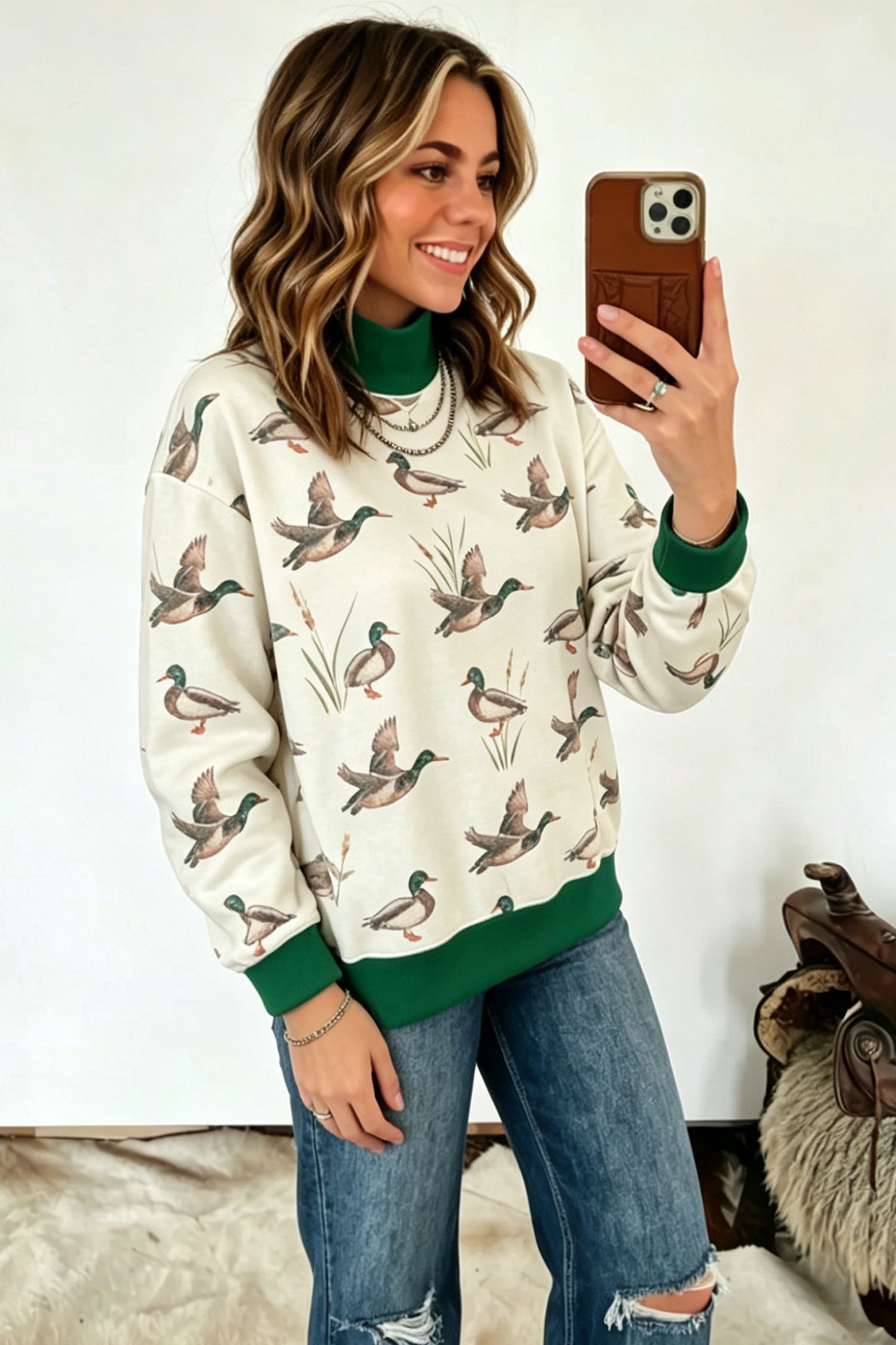 Multicolour Mallard Print Patchwork Colorblock High Neck Sweatshirt - Blu Pepper Boutique