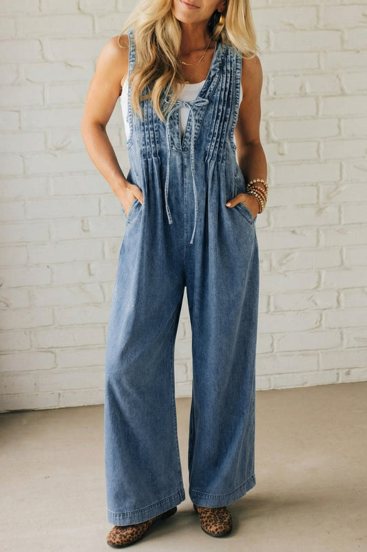 Dusk Blue Acid Wash Pintuck Tie V Neck Denim Wide Leg Jumpsuit - Blu Pepper Boutique