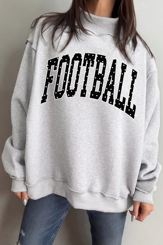 Light Grey Polka Dot Football Letter Print Mock Neck Long Sleeve Pullover Sweatshirt - Blu Pepper Boutique