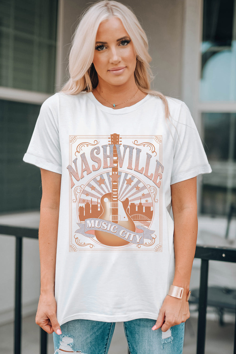 White MUSIC CITY NASHVILLE Graphic T Shirt