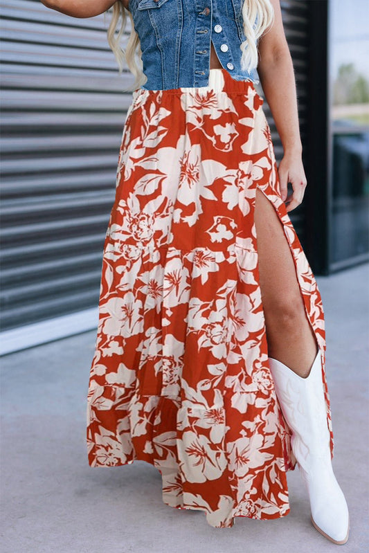 Red High Split Floral Western Cowgirl Maxi Skirt - Blu Pepper Boutique