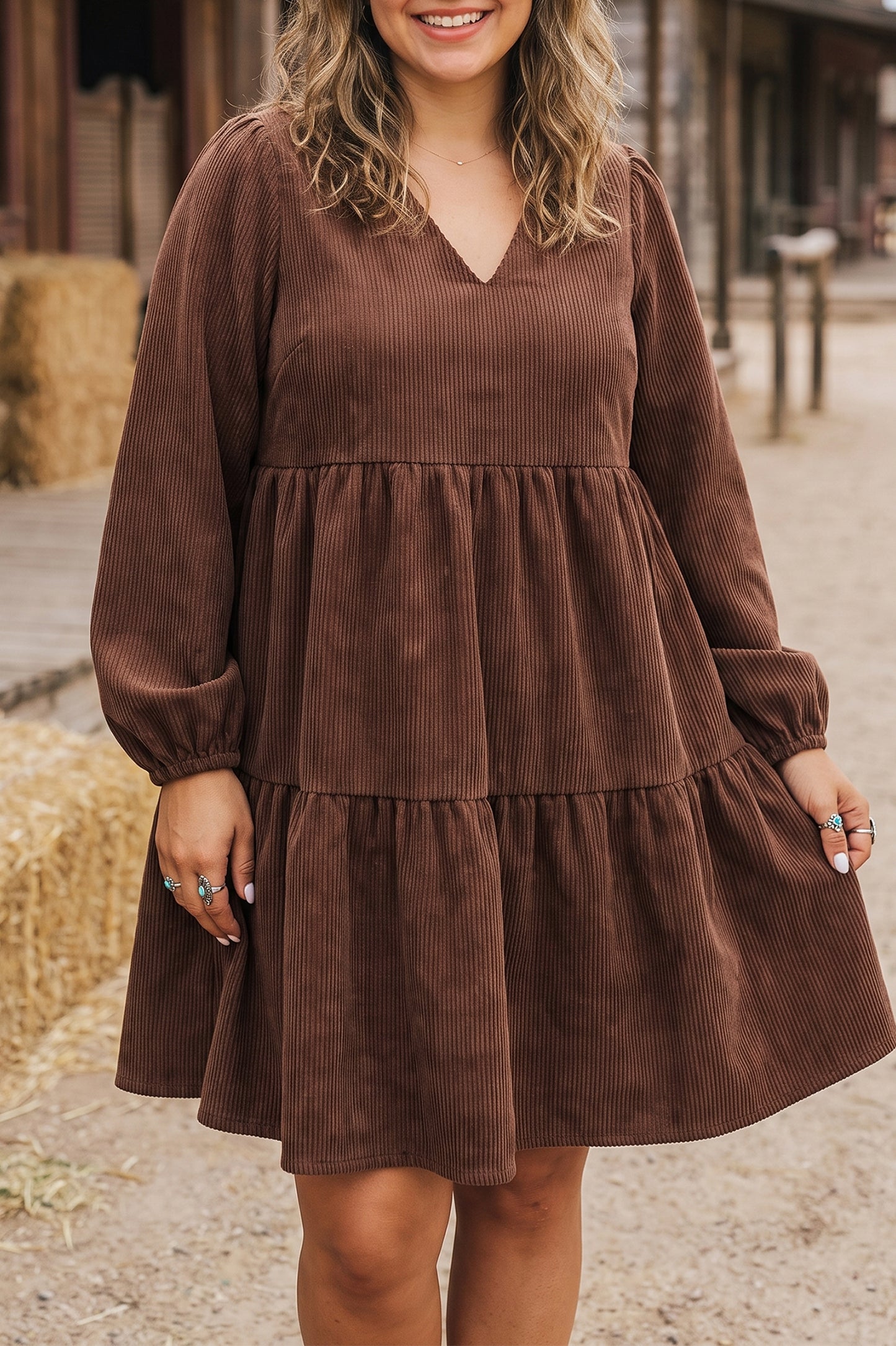 Coffee Winter Corduroy V Neck Long Sleeve Plus Size Mini Dress - Blu Pepper Boutique