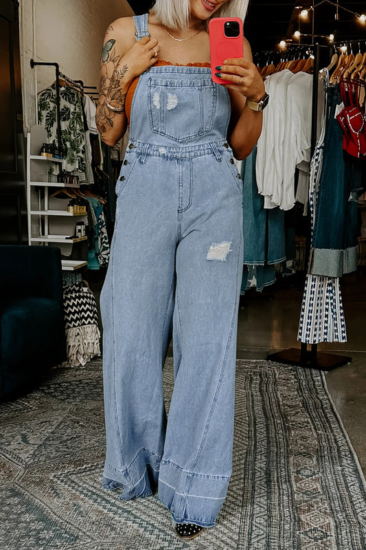 Mist Blue Retro Distressed Button Adjustable Straps Denim Overall Jumpsuit - Blu Pepper Boutique