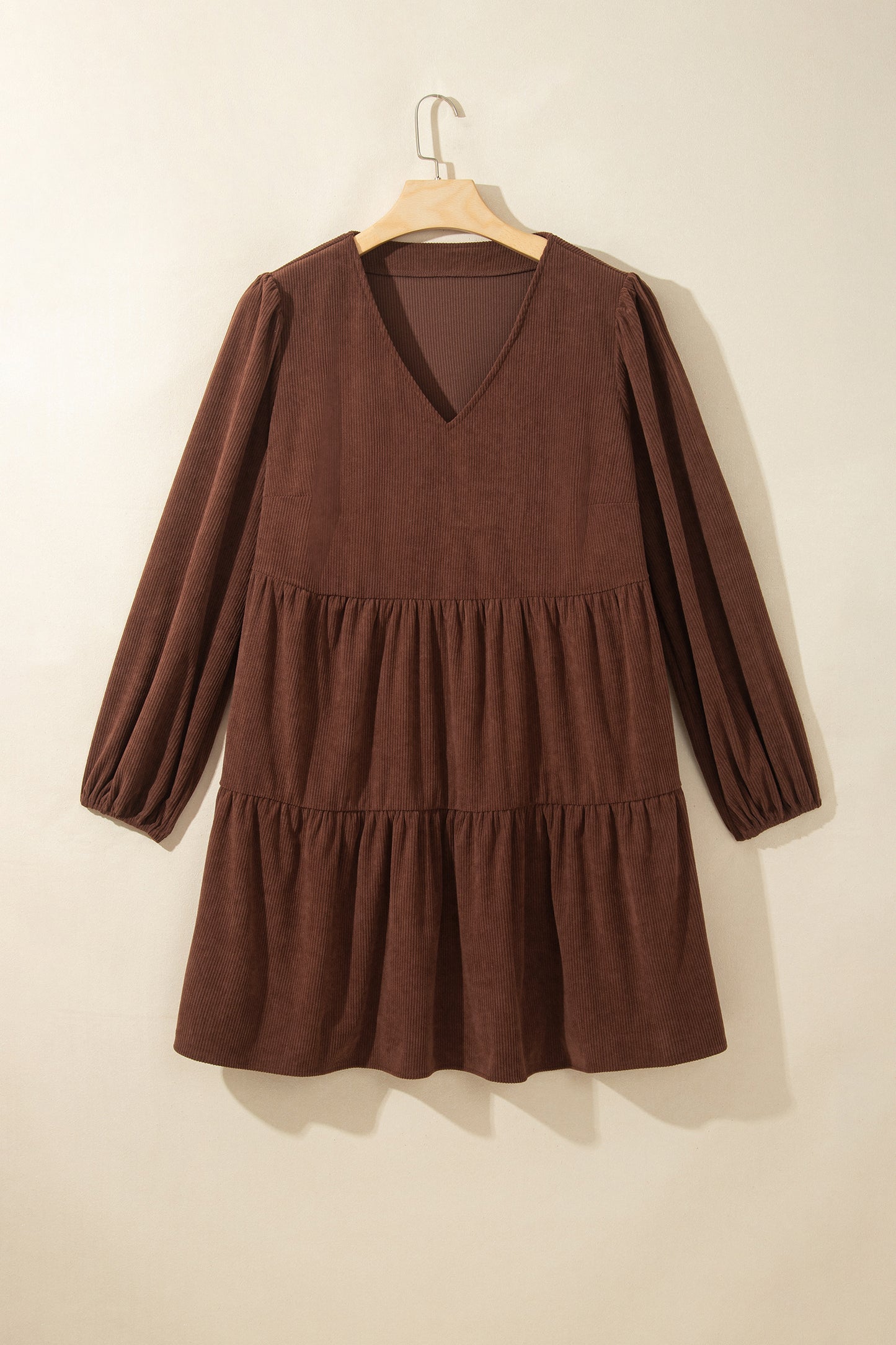 Coffee Winter Corduroy V Neck Long Sleeve Plus Size Mini Dress - Blu Pepper Boutique