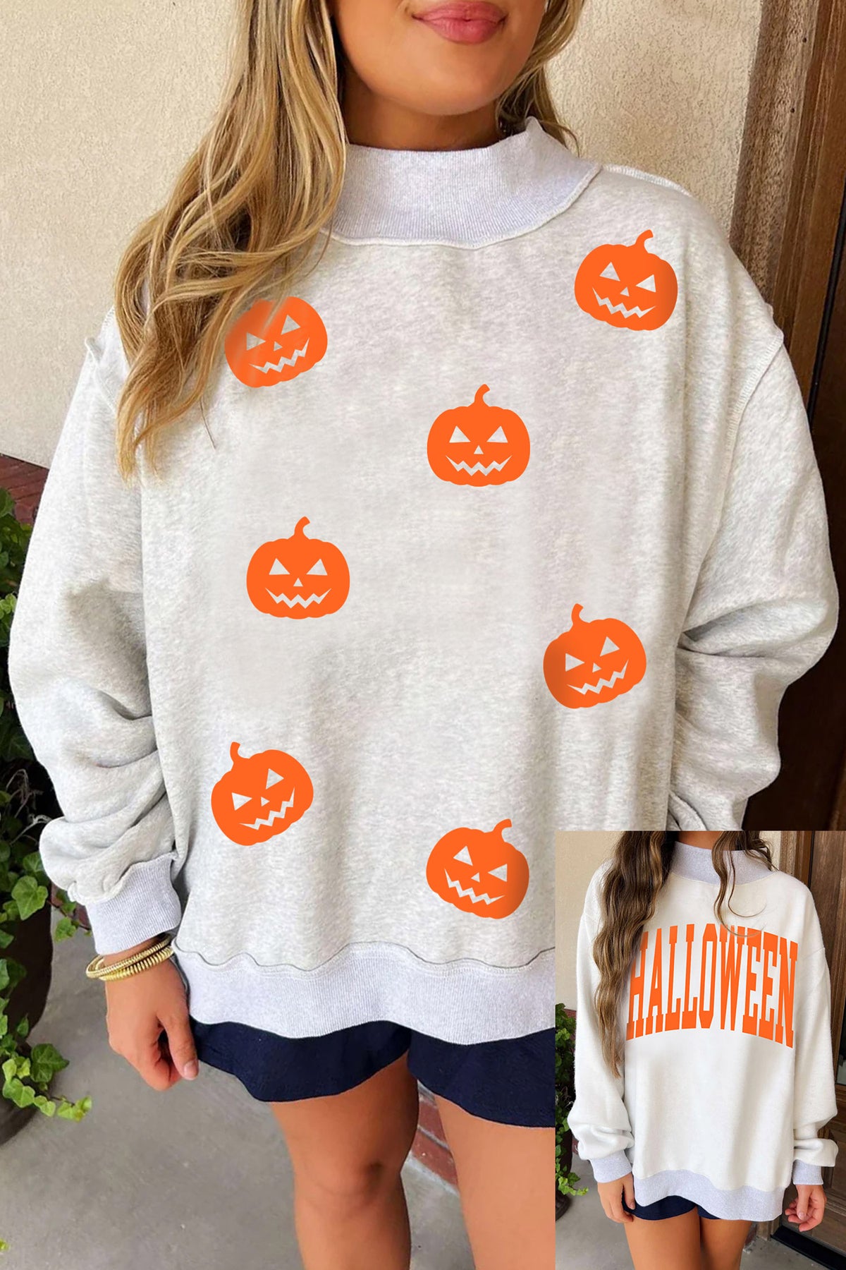 Light Grey Halloween Pumpkin Face Print Pullover Mock Neck Sweatshirt - Blu Pepper Boutique