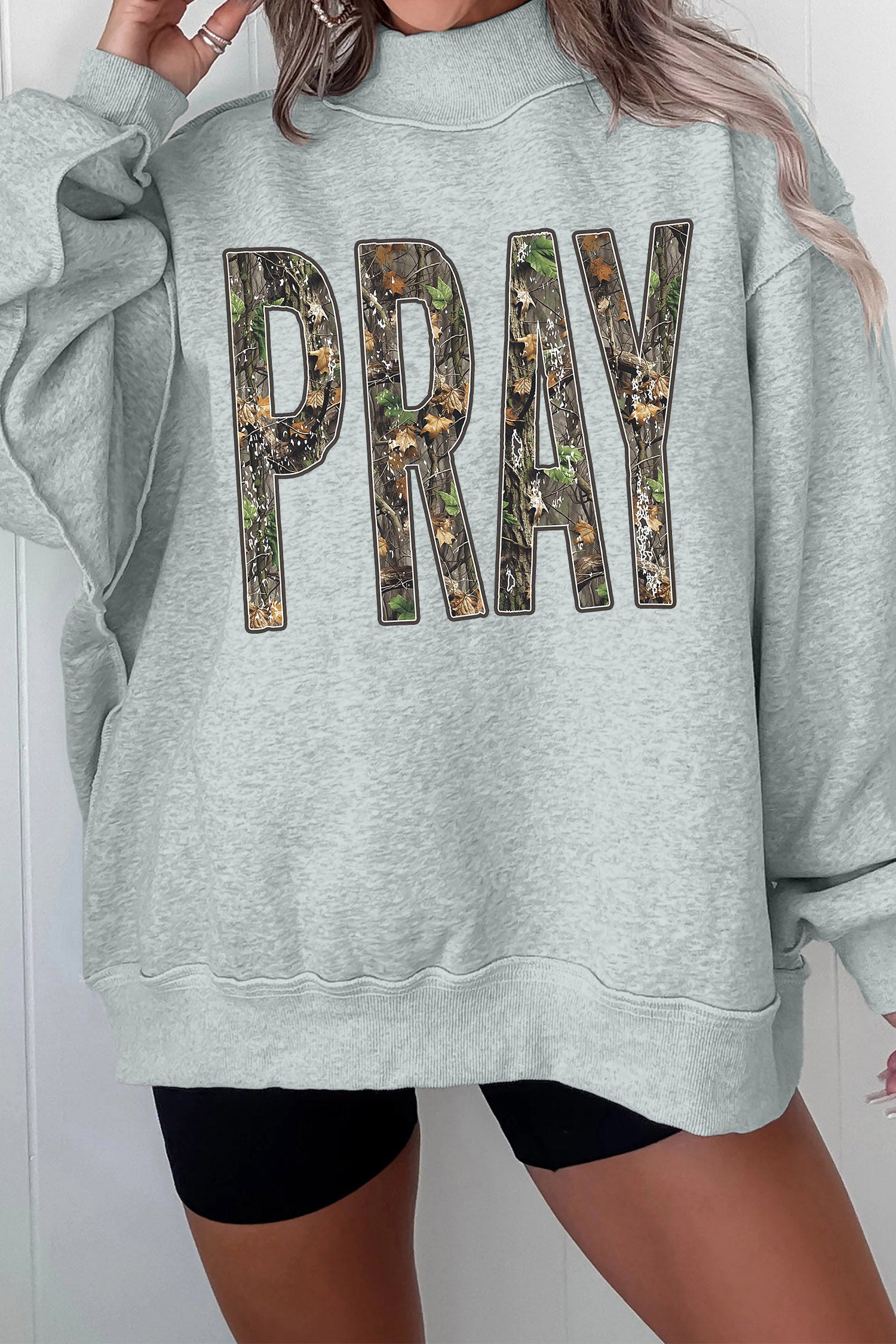 Gray Camouflage Letter Print Mock Neck Baggy Pullover Sweatshirt - Blu Pepper Boutique