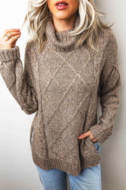 Cable Knit Sweater Dark Khaki High Neck Drop Shoulder - Blu Pepper Boutique |Sweaters