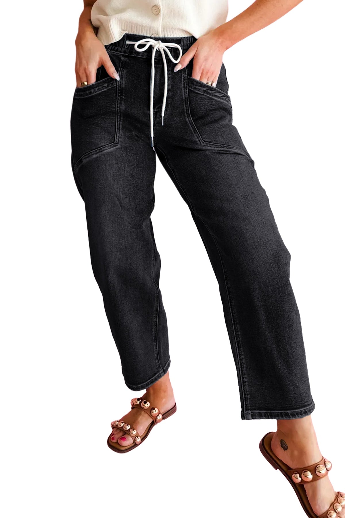 Casual Black Drawstring Waist Ankle Length Jeans - Blu Pepper Boutique |Jeans