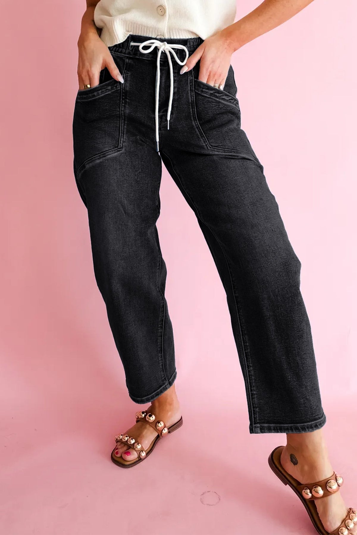 Casual Black Drawstring Waist Ankle Length Jeans - Blu Pepper Boutique |Jeans