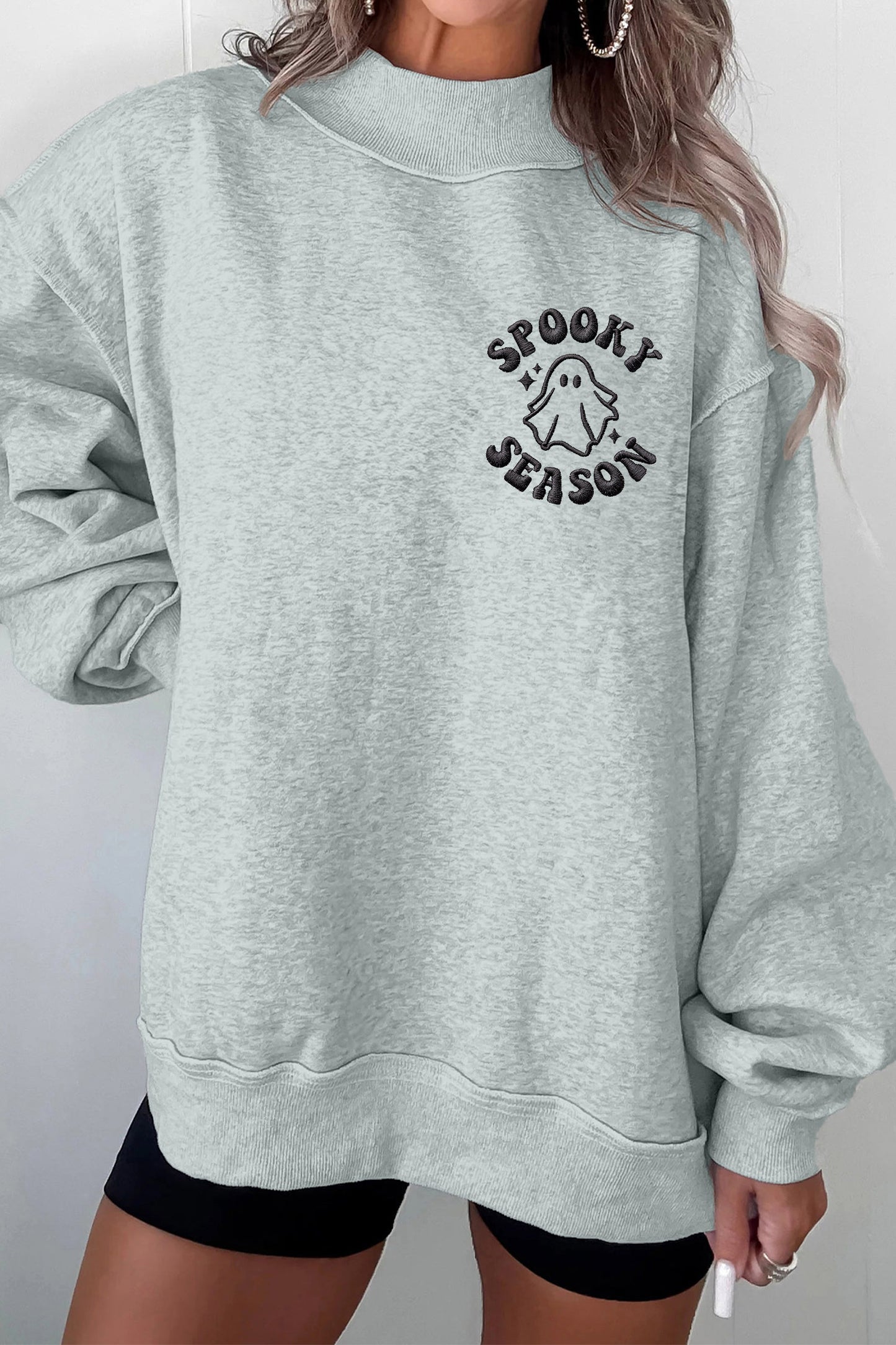 Gray Embroidered Spooky Season Mock Neck Casual Sweatshirt - Blu Pepper Boutique
