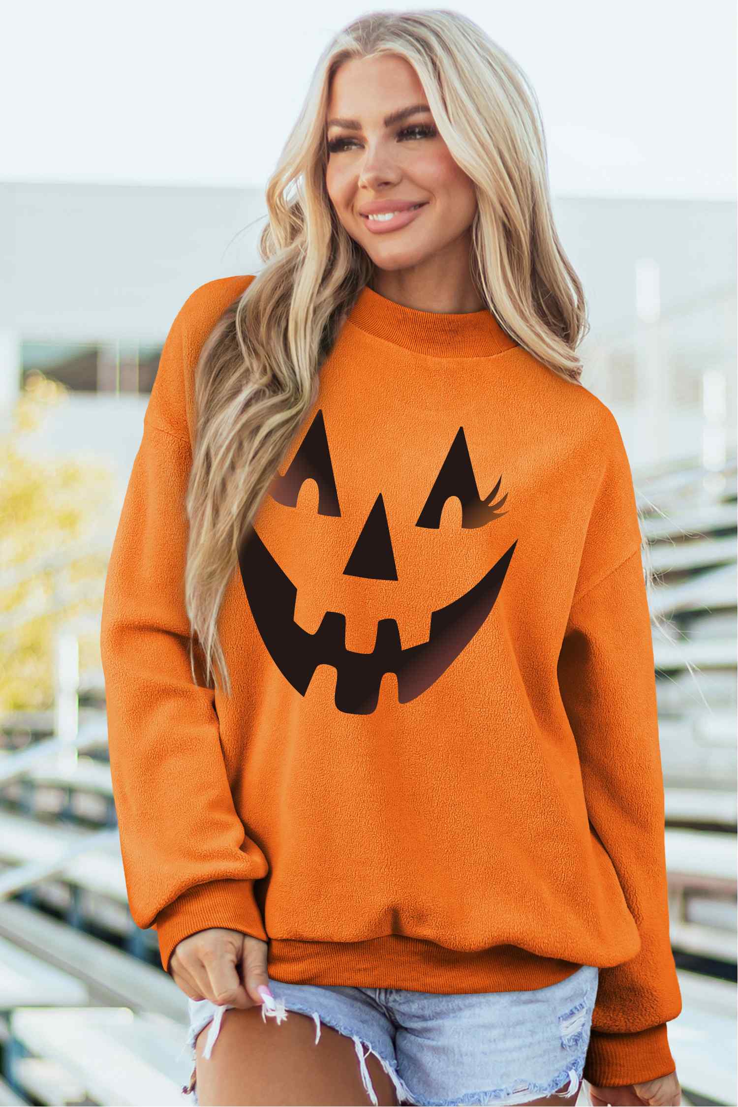 Carrot Oversize Halloween Print Mock Neck Reversible Sweatshirt - Blu Pepper Boutique