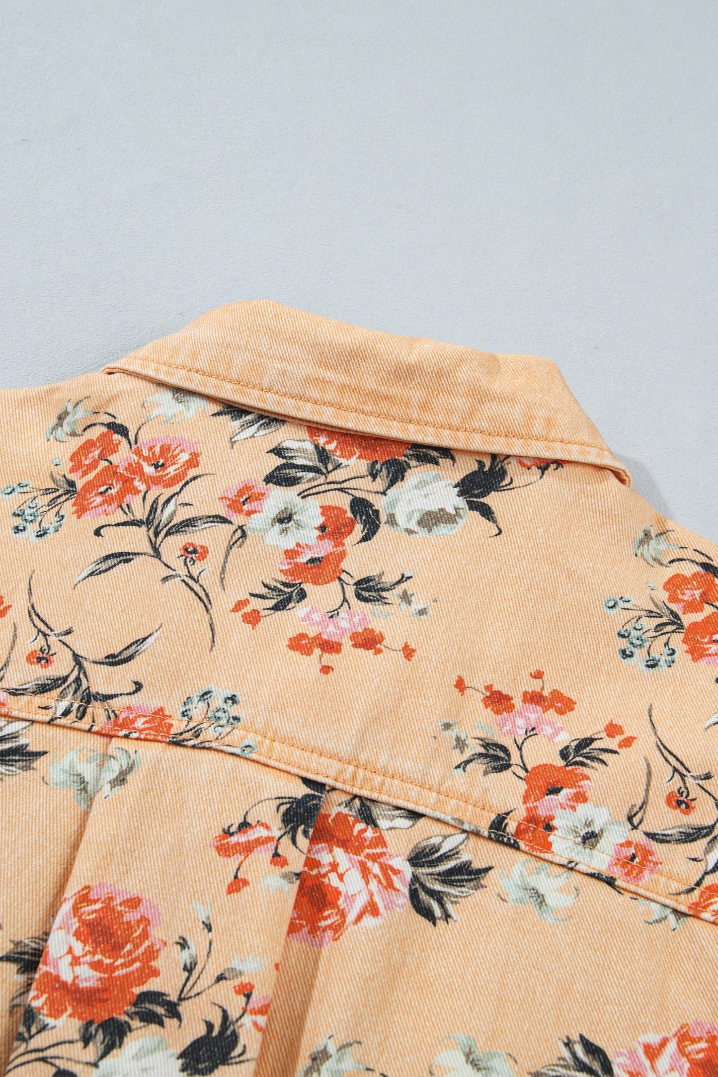 Khaki Floral Print Long Sleeve Denim Jacket Shift Silhouette Tunic Length Casual Daily Wear - Blu Pepper Boutique