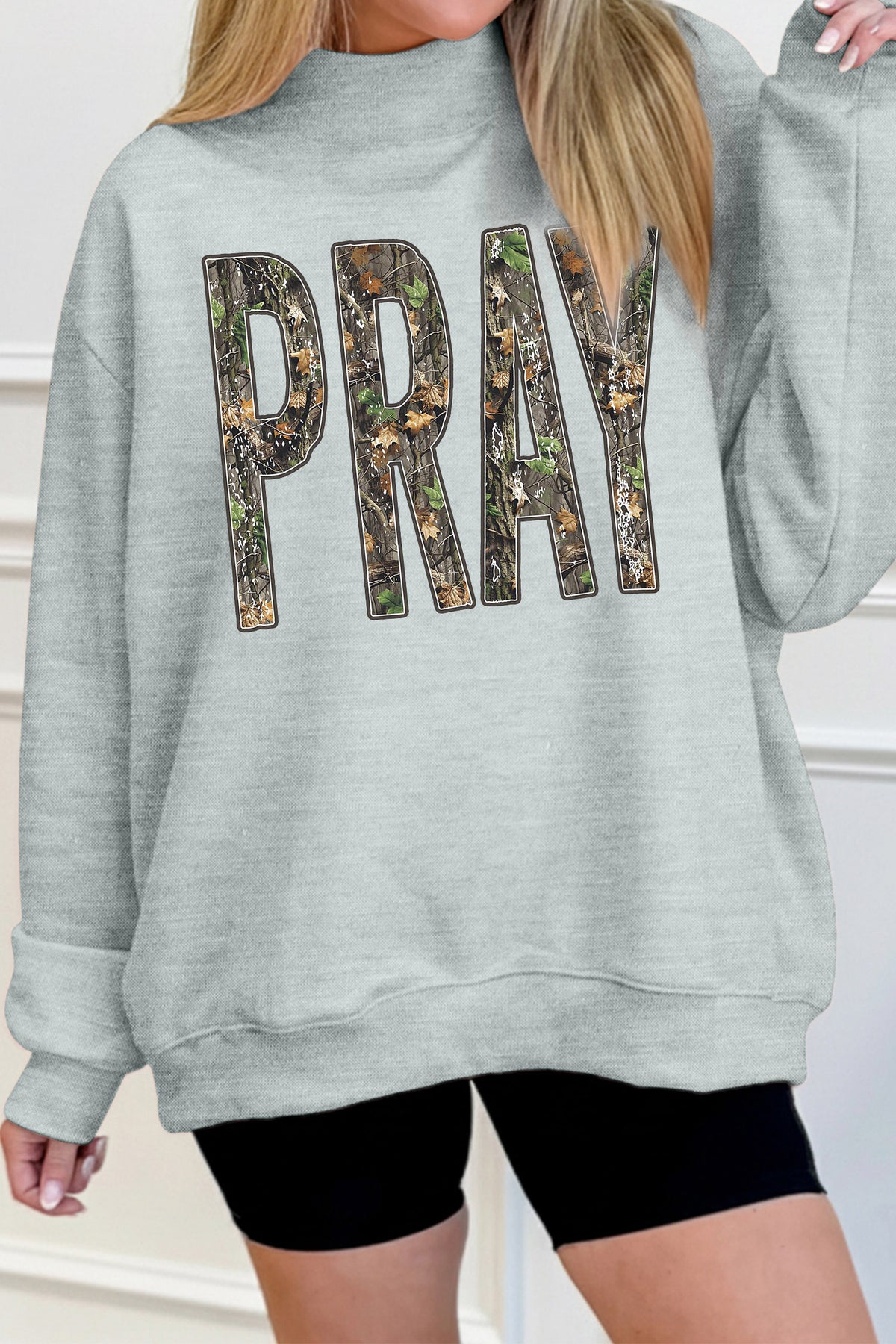 Gray Camouflage Letter Print Mock Neck Baggy Pullover Sweatshirt - Blu Pepper Boutique
