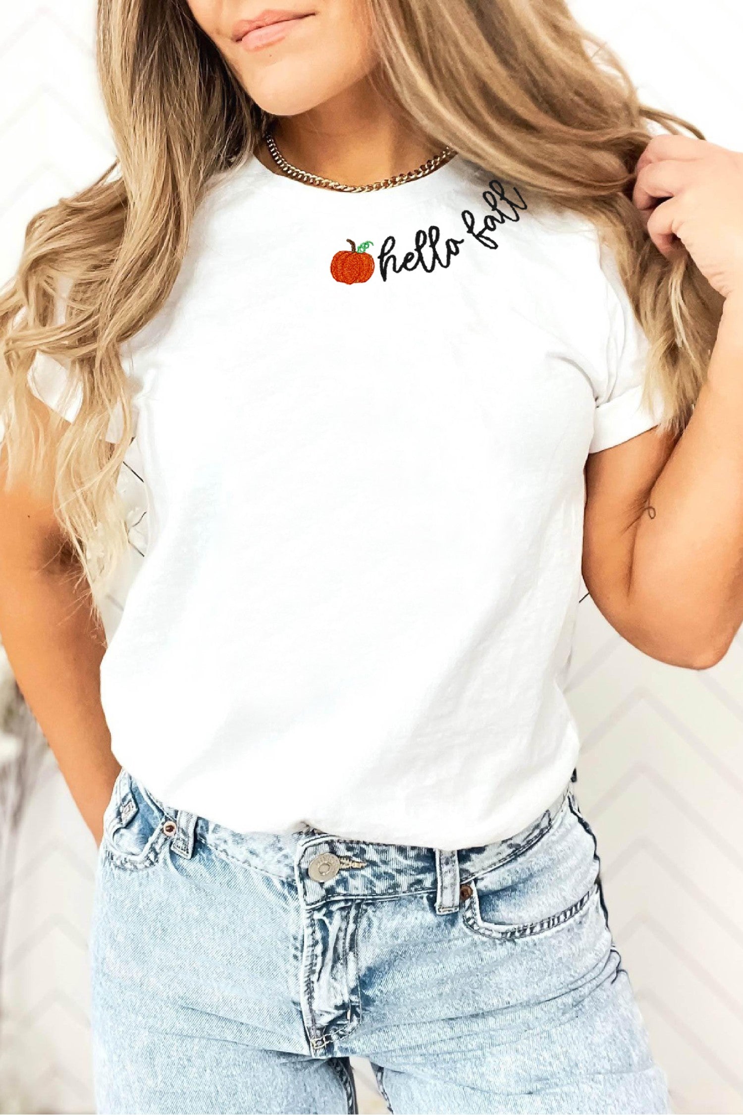 White hello fall Embroidered Pumpkin Hello Casual Round Neck T Shirt - Blu Pepper Boutique