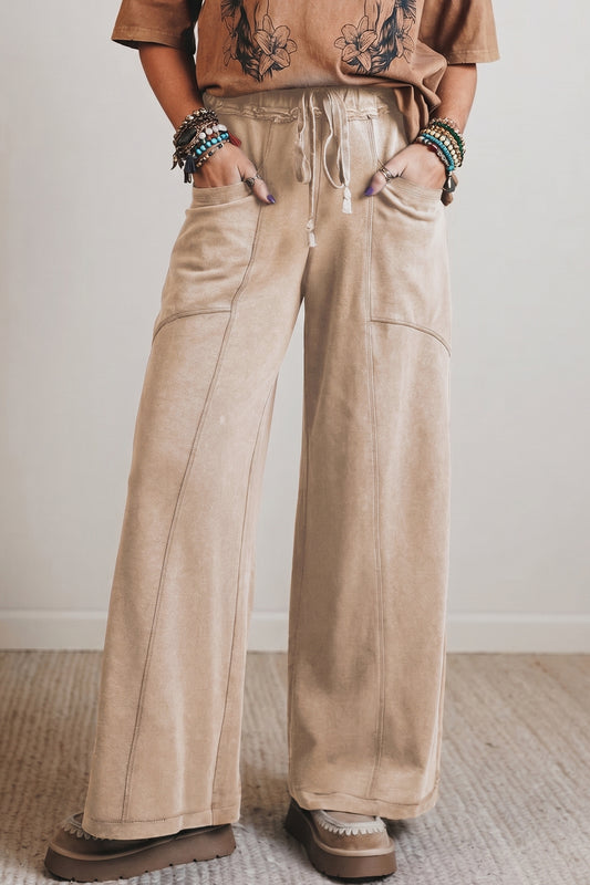 Smoke Gray Mineral Wash Drawstring Retro High Waist Wide Leg Western Pants - Blu Pepper Boutique