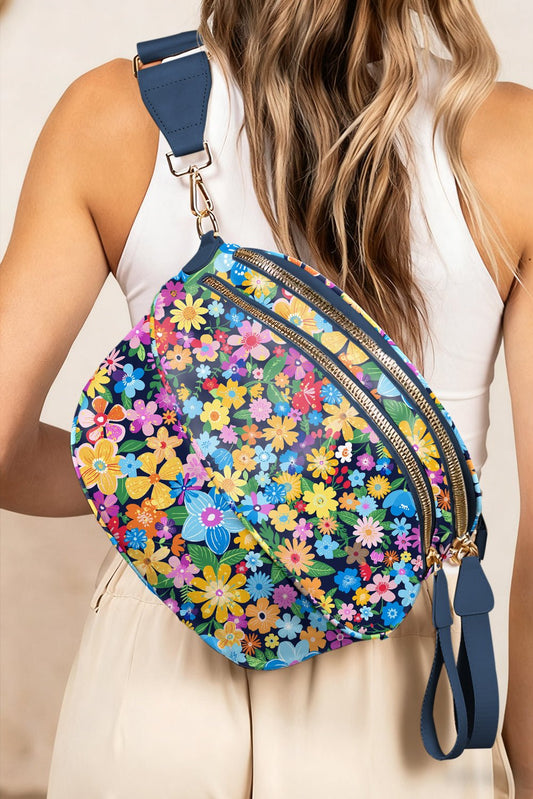 Black Floral Printed Double Zip Crossbody Bag - Blu Pepper Boutique