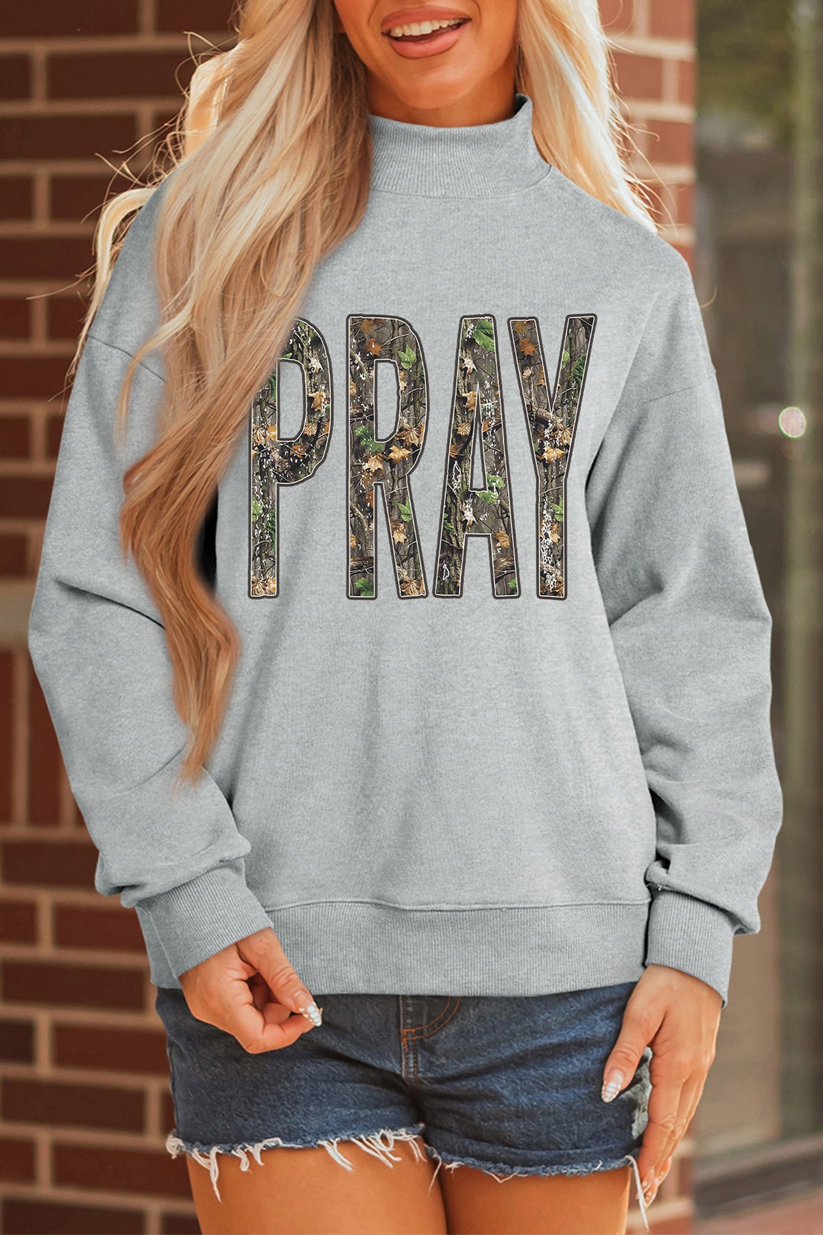 Gray Camouflage Letter Print Mock Neck Baggy Pullover Sweatshirt - Blu Pepper Boutique