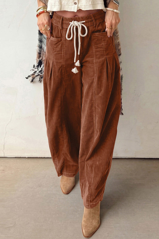 Corduroy Casual Pants With Elastic Waist And Drawstring - Blu Pepper Boutique |Pants & Culotte