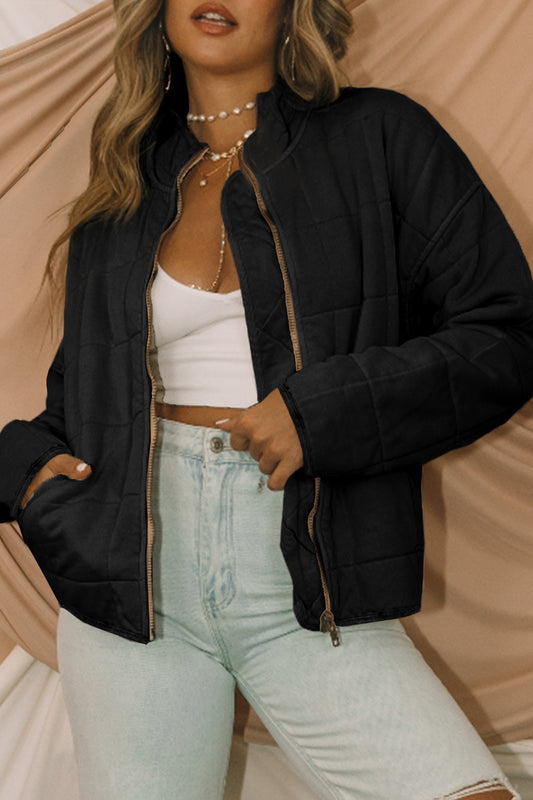 Black Zip-Up Pocket Quilted Jacket - Blu Pepper Boutique