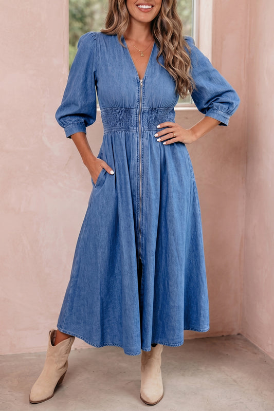 Blue V Neck Shirred Waist Metal Zipper Denim Midi Dress - Blu Pepper Boutique
