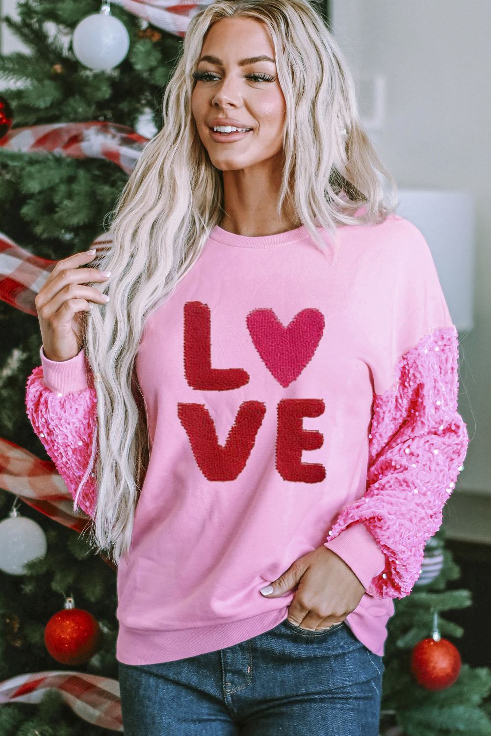 Pink Valentines LOVE Graphic Sequin Sleeve Top