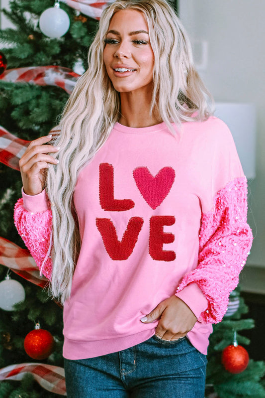 Pink Valentines LOVE Graphic Sequin Sleeve Top