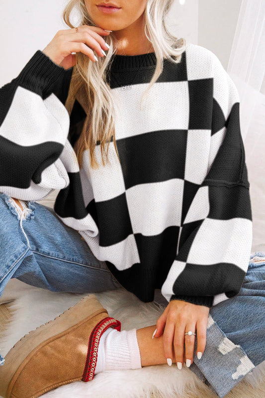 Black Checkered Bishop Sleeve Sweater - Blu Pepper Boutique