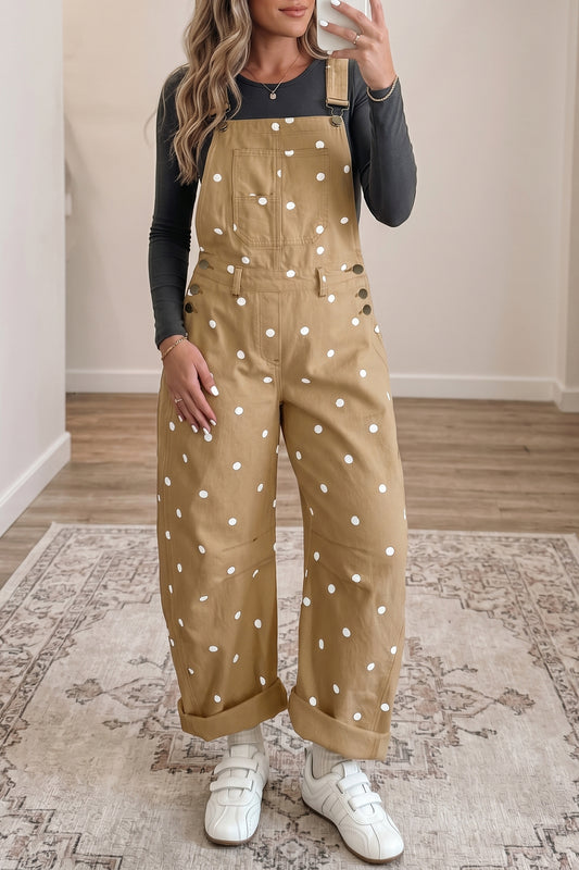 Light French Beige Polka Dot Print Bib Pocket Denim Barrel Overalls Jumpsuit - Blu Pepper Boutique