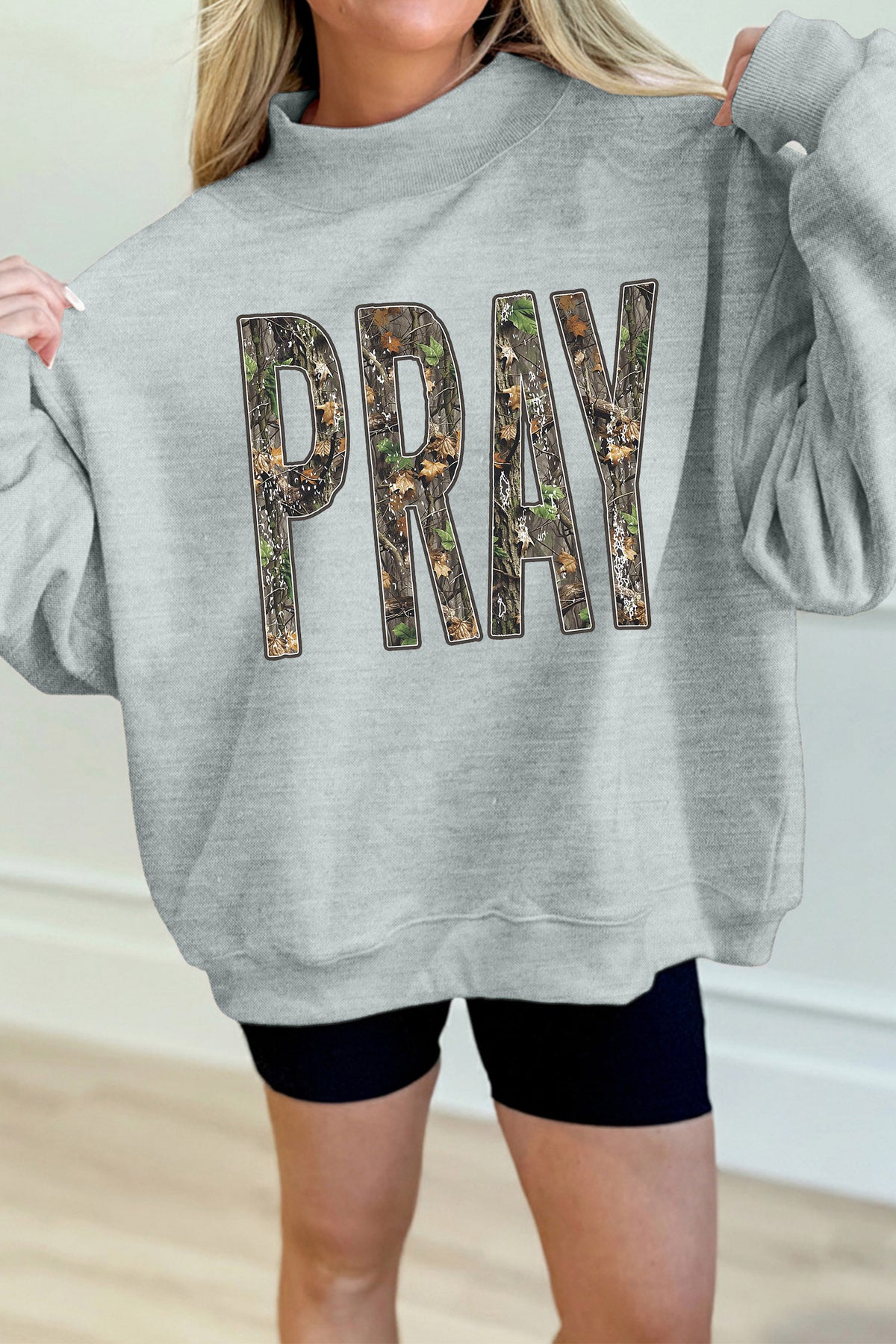 Gray Camouflage Letter Print Mock Neck Baggy Pullover Sweatshirt - Blu Pepper Boutique