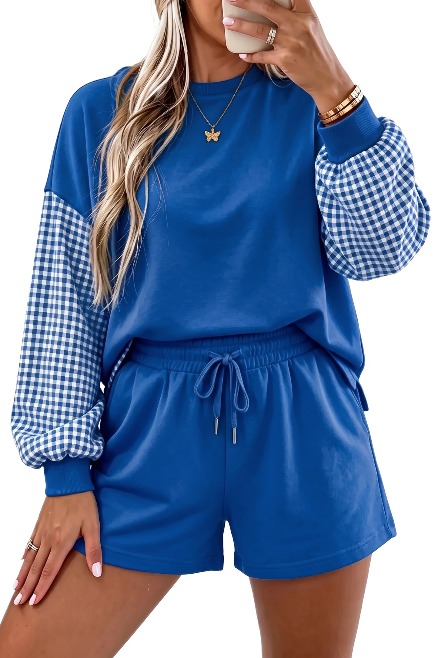 Blue Plaid Patchwork Long Sleeve Top Solid Drawstring Shorts Set - Blu Pepper Boutique