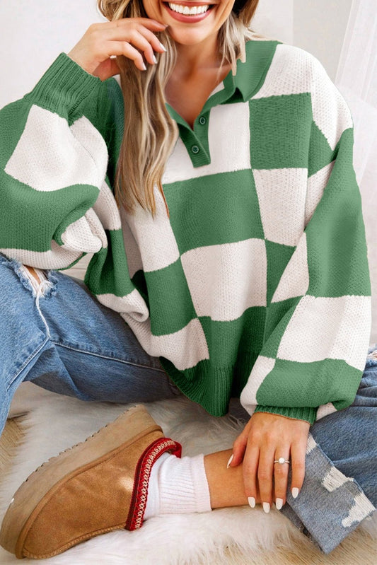 Mist Green Checkered Pattern Polo Collar Loose Sweater - Blu Pepper Boutique