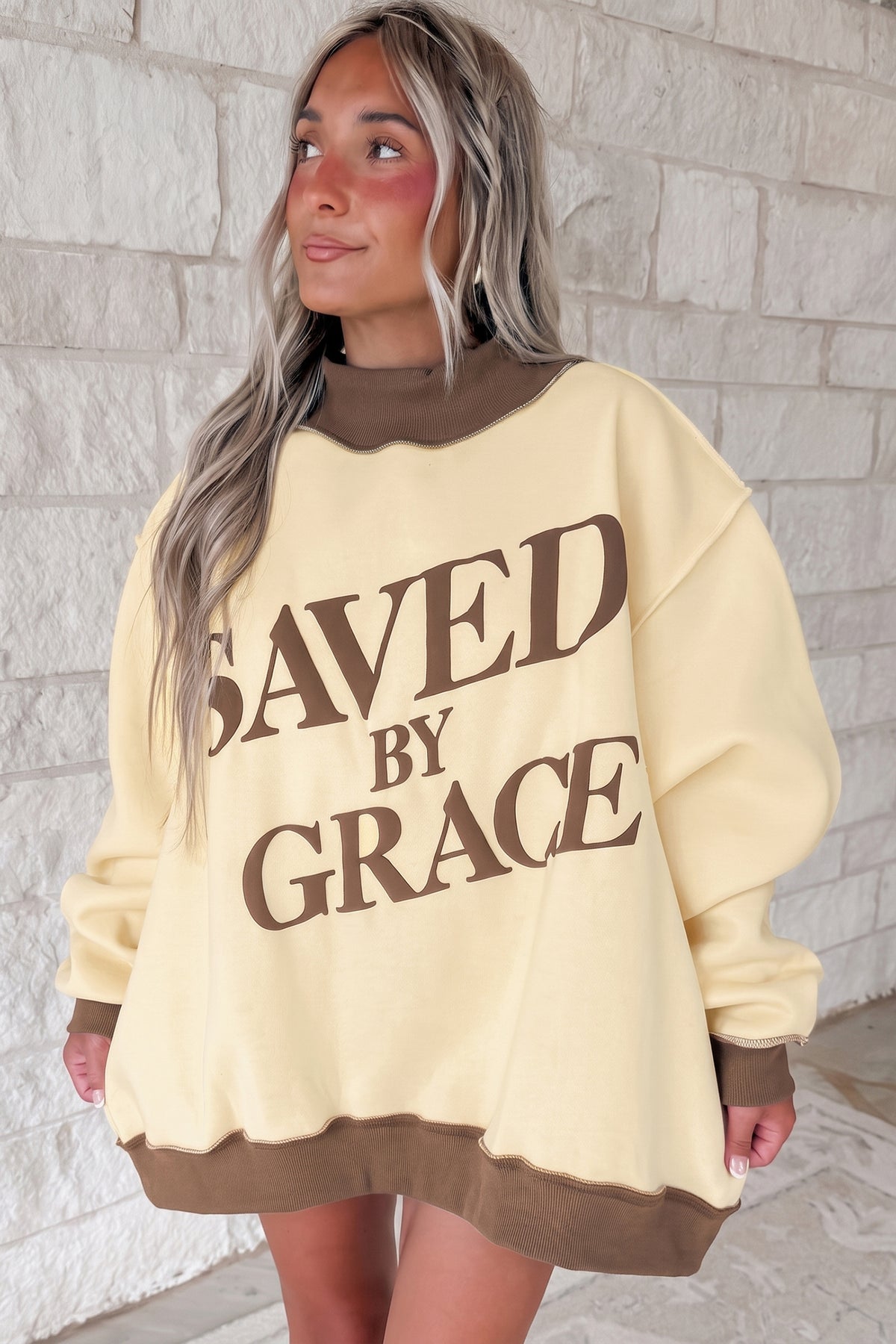 Coffee Saved By Grace Print Color Block Mock Neck Oversized Sweatshirt - Blu Pepper Boutique