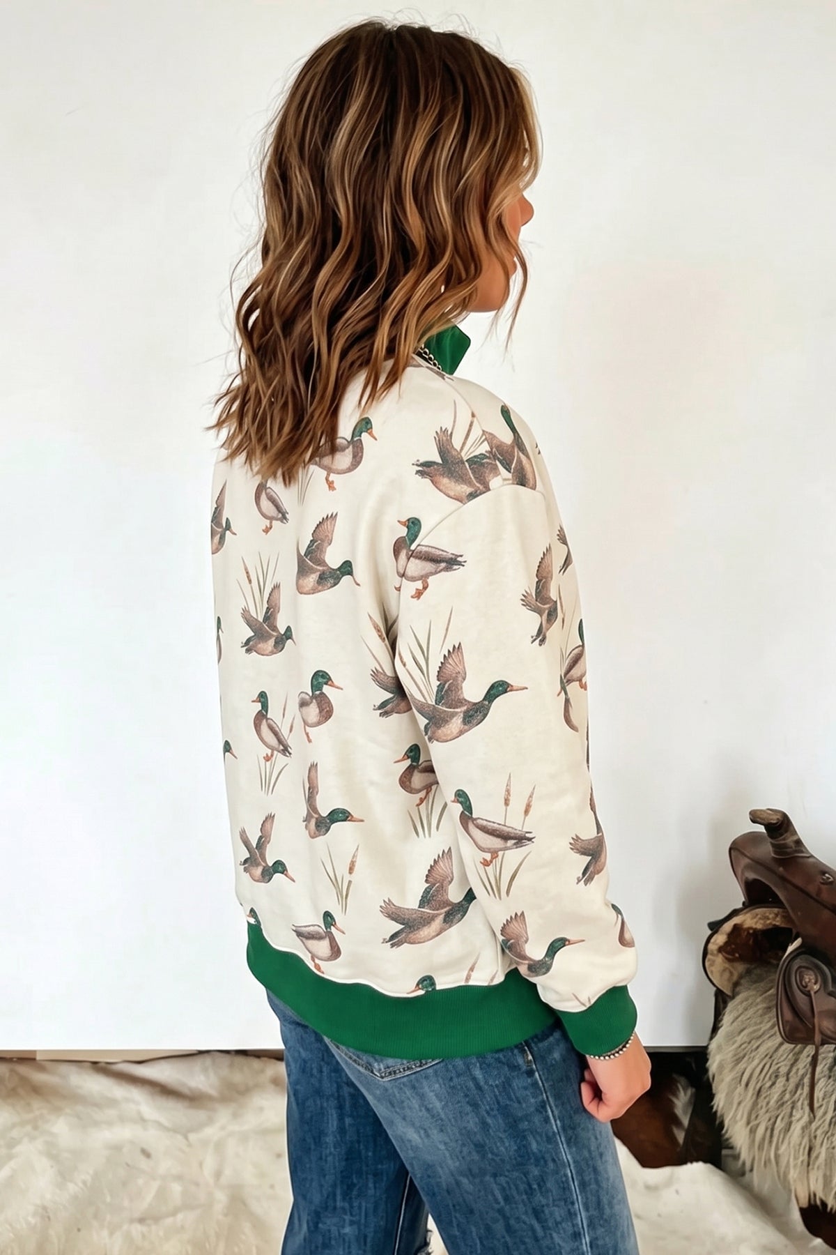Multicolour Mallard Print Patchwork Colorblock High Neck Sweatshirt - Blu Pepper Boutique