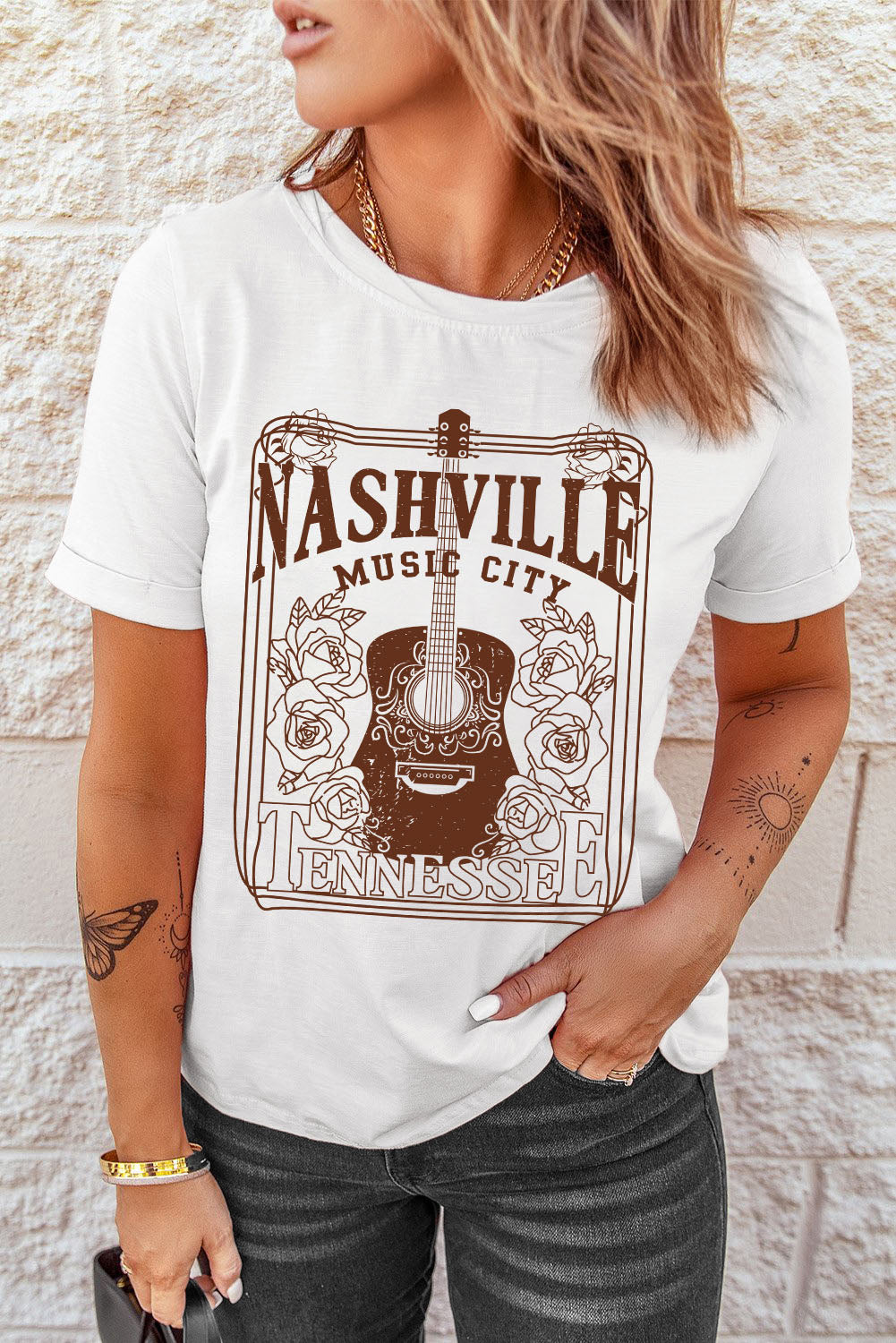 White NASHVILLE MUSIC CITY Graphic Crew Neck Tee