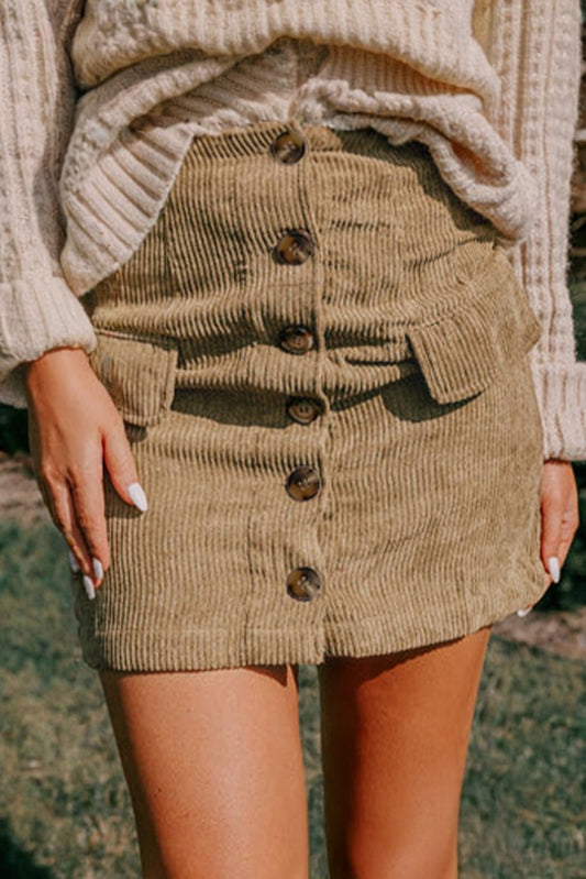 Camel Corduroy Buttoned Front Faux Pockets Mini Skirt - Blu Pepper Boutique