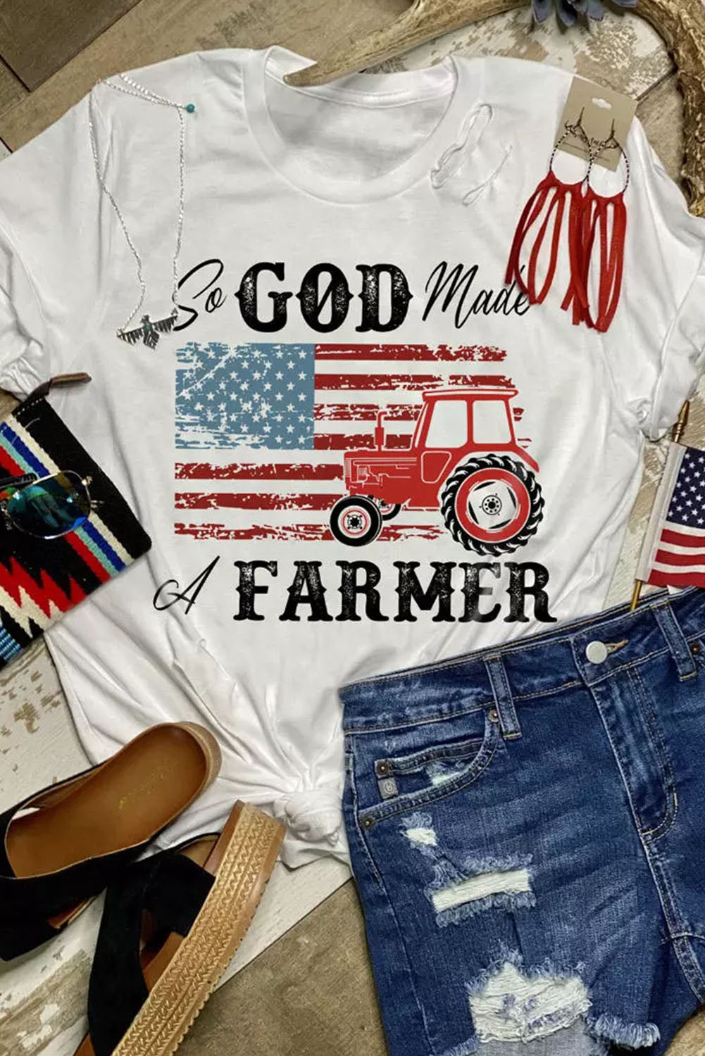 White So GOD Made A FARMER Flag Graphic Tee