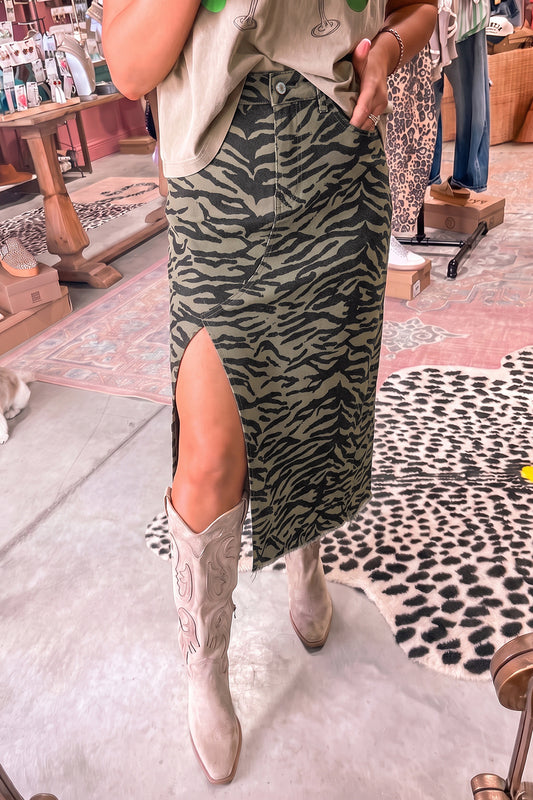 Brown Leopard Print Side Split Frayed Hem Denim Midi Skirt - Blu Pepper Boutique