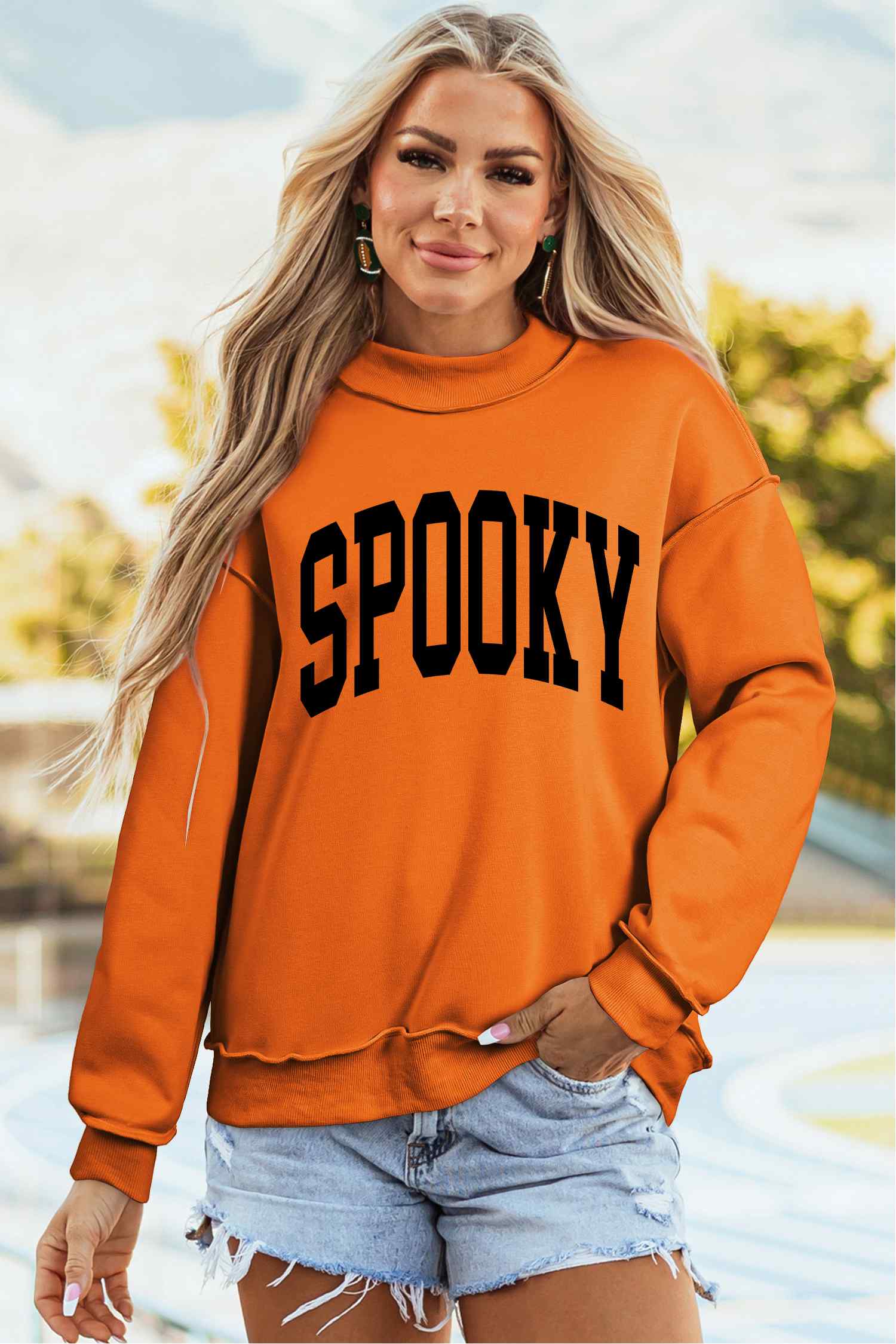Carrot Oversize Halloween Print Mock Neck Reversible Sweatshirt - Blu Pepper Boutique