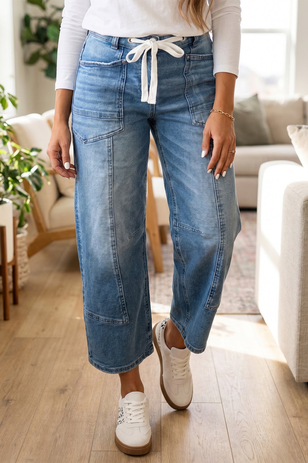 Beau Blue Solid Patchwork Grommet Tie Waist Loose Ankle-Length Jeans - Blu Pepper Boutique