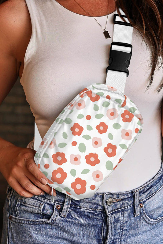 White Floral Print Buckle Wide Belt Zipper Crossbody Bag - Blu Pepper Boutique