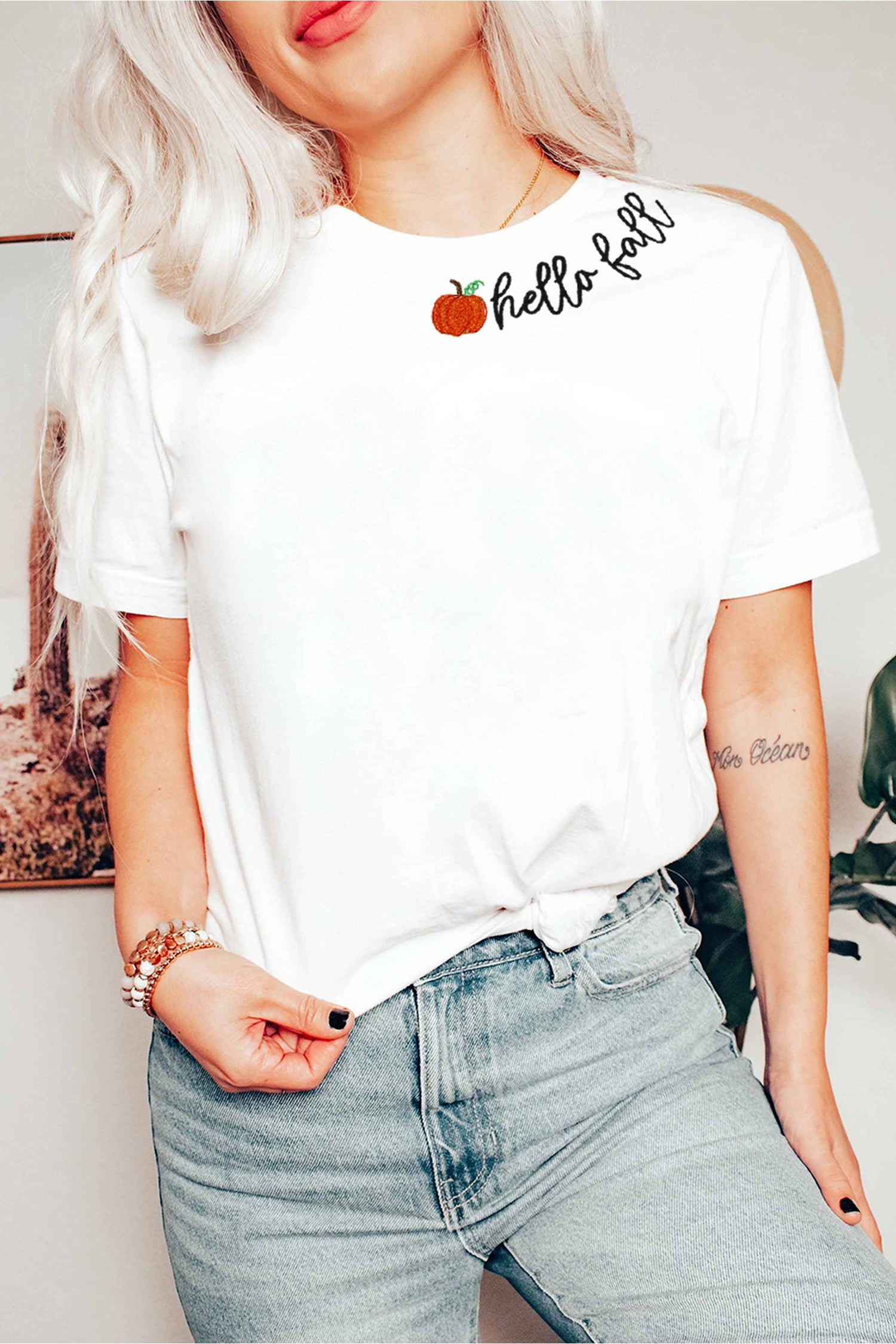 White hello fall Embroidered Pumpkin Hello Casual Round Neck T Shirt - Blu Pepper Boutique